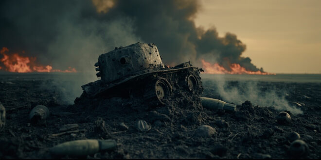Rusted wartime shell fragments scattered across blackened moorland with smoke rising from burning peat