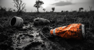Empty beer can lying in elephant footprints on dried savanna ground with acacia trees in background
