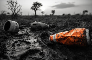 Empty beer can lying in elephant footprints on dried savanna ground with acacia trees in background