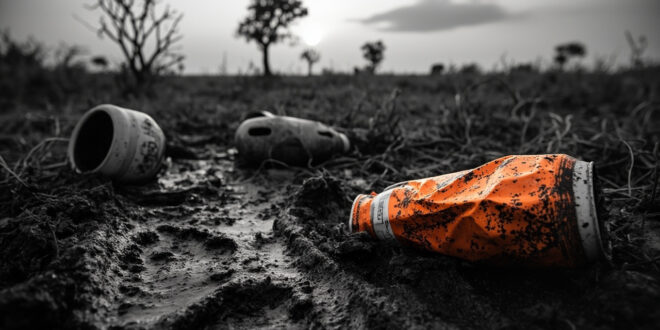 Empty beer can lying in elephant footprints on dried savanna ground with acacia trees in background