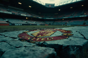 Weathered Manchester United crest embedded in cracked concrete stadium foundation under overcast sky