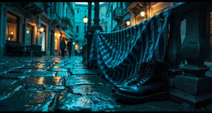 Black chunky boots on rain-wet venetian stone steps with safety pins and pinstripe fabric