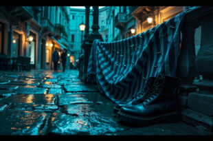Black chunky boots on rain-wet venetian stone steps with safety pins and pinstripe fabric