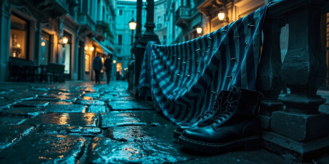 Black chunky boots on rain-wet venetian stone steps with safety pins and pinstripe fabric
