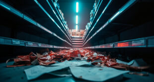 Empty supermarket shelves with rising price tags surrounded by scattered EU regulatory documents in abandoned aisle