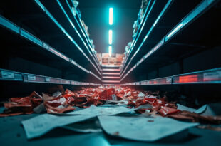 Empty supermarket shelves with rising price tags surrounded by scattered EU regulatory documents in abandoned aisle