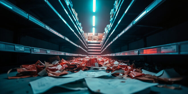 Empty supermarket shelves with rising price tags surrounded by scattered EU regulatory documents in abandoned aisle