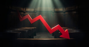 Red downward arrow on political polling chart against dark background