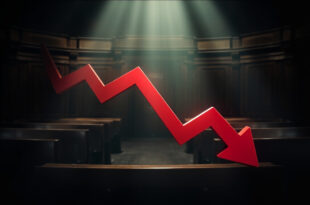 Red downward arrow on political polling chart against dark background