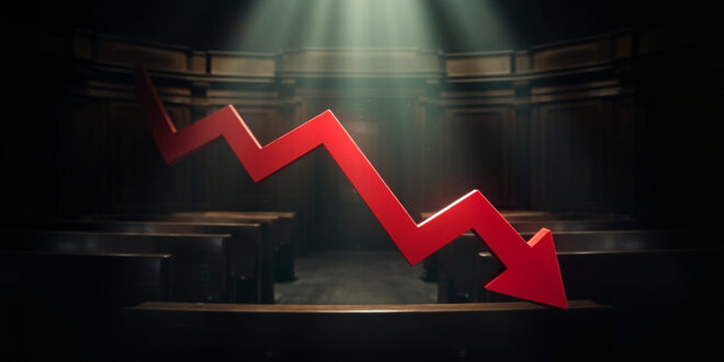 Red downward arrow on political polling chart against dark background