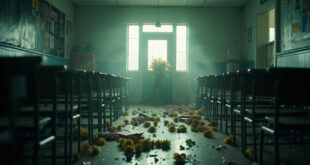 Empty school corridor with scattered books and overturned desks, memorial flowers placed at closed classroom door