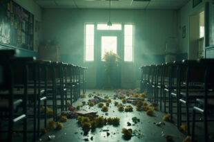 Empty school corridor with scattered books and overturned desks, memorial flowers placed at closed classroom door