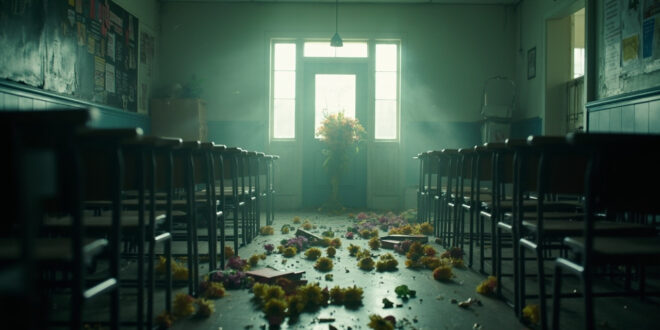 Empty school corridor with scattered books and overturned desks, memorial flowers placed at closed classroom door