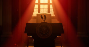 Empty presidential chair and podium with official seal awaiting inauguration in formal government building interior