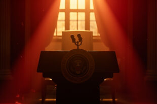 Empty presidential chair and podium with official seal awaiting inauguration in formal government building interior