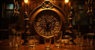 Ornate wall clock at midnight surrounded by empty beer steins in traditional wooden gasthaus interior