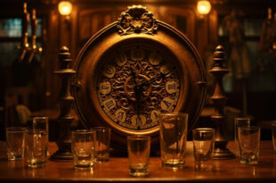 Ornate wall clock at midnight surrounded by empty beer steins in traditional wooden gasthaus interior