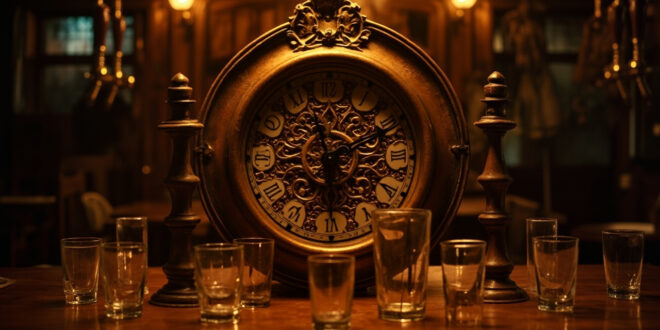 Ornate wall clock at midnight surrounded by empty beer steins in traditional wooden gasthaus interior