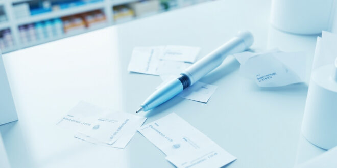 Medical injection pen device on pharmacy counter with price tags and pharmaceutical documentation.