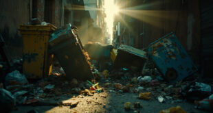 Overturned garbage bins with scattered waste overflow in an abandoned urban back alley at dusk, highlighting pest control issues.