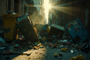 Overturned garbage bins with scattered waste overflow in an abandoned urban back alley at dusk, highlighting pest control issues.