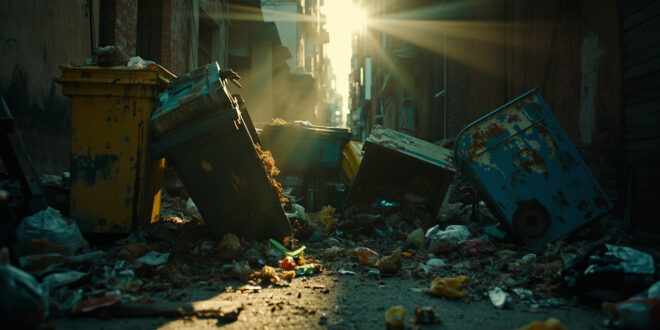 Overturned garbage bins with scattered waste overflow in an abandoned urban back alley at dusk, highlighting pest control issues.