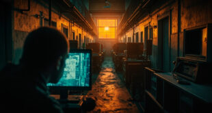 Unmanned security monitoring station with blank screens in abandoned prison corridor, surveillance camera pointing at empty cell