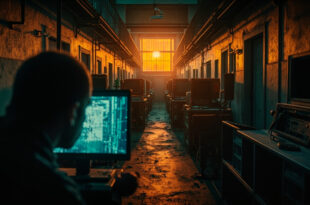 Unmanned security monitoring station with blank screens in abandoned prison corridor, surveillance camera pointing at empty cell