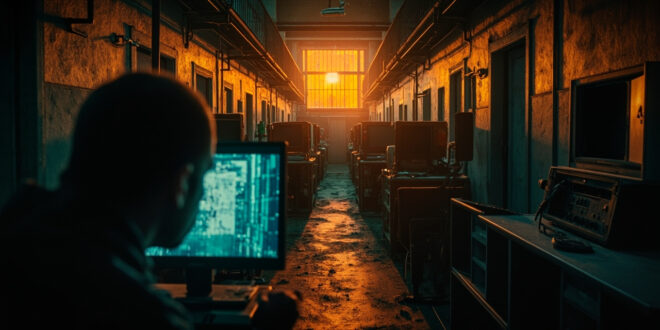 Unmanned security monitoring station with blank screens in abandoned prison corridor, surveillance camera pointing at empty cell