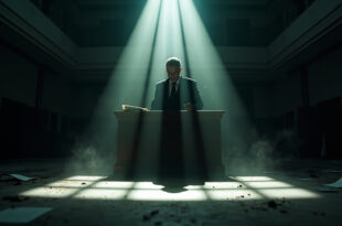 Empty courtroom with legal documents on judge's desk and rehabilitation materials in adjacent prison cell, stark lighting