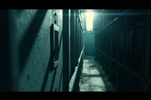 Empty prison cell with barred window and steel ventilation grate in abandoned maximum security corridor