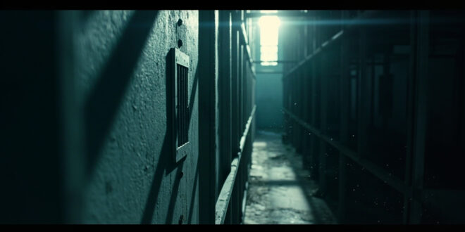 Empty prison cell with barred window and steel ventilation grate in abandoned maximum security corridor