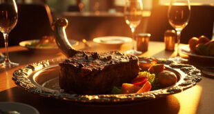 Large bone-in steak with black truffle garnish on wooden platter with roasted potatoes and seasonal vegetables