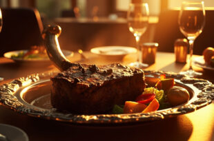 Large bone-in steak with black truffle garnish on wooden platter with roasted potatoes and seasonal vegetables