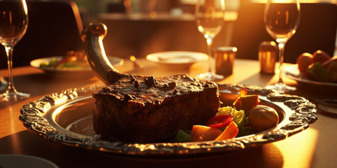 Large bone-in steak with black truffle garnish on wooden platter with roasted potatoes and seasonal vegetables