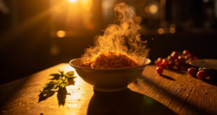 Empty ceramic pasta bowl awaiting food in warm-lit restaurant with fresh ingredients and steaming pasta nearby