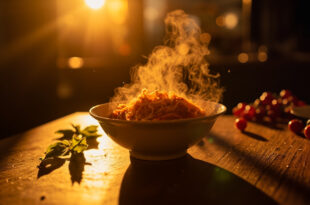 Empty ceramic pasta bowl awaiting food in warm-lit restaurant with fresh ingredients and steaming pasta nearby