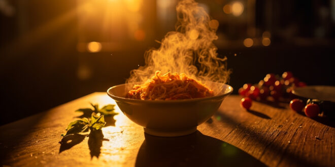Empty ceramic pasta bowl awaiting food in warm-lit restaurant with fresh ingredients and steaming pasta nearby