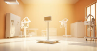 Digital pet scale in veterinary clinic with medical charts and health monitoring equipment nearby
