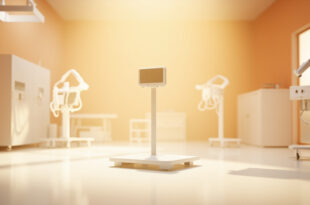 Digital pet scale in veterinary clinic with medical charts and health monitoring equipment nearby