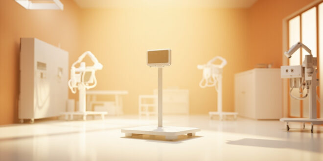 Digital pet scale in veterinary clinic with medical charts and health monitoring equipment nearby