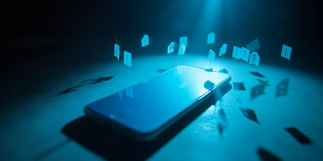 Blank smartphone displaying privacy symbols on desk in minimalist workspace bathed in blue light