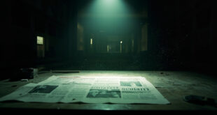 Empty comedy stage with spotlight illuminating blank newspaper on printing press in abandoned newspaper room