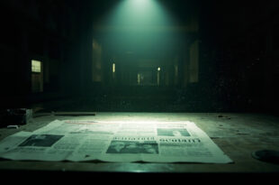 Empty comedy stage with spotlight illuminating blank newspaper on printing press in abandoned newspaper room