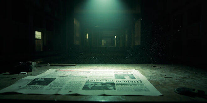 Empty comedy stage with spotlight illuminating blank newspaper on printing press in abandoned newspaper room