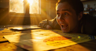Golden lottery ticket illuminated by morning sunlight on wooden desk beside travel brochures, suggesting new opportunities.