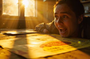 Golden lottery ticket illuminated by morning sunlight on wooden desk beside travel brochures, suggesting new opportunities.