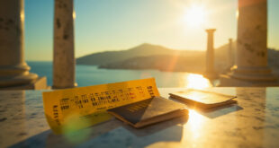 Golden lottery ticket and unopened passport on marble surface against sunlit Greek coastal vista with ancient columns