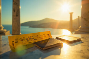 Golden lottery ticket and unopened passport on marble surface against sunlit Greek coastal vista with ancient columns