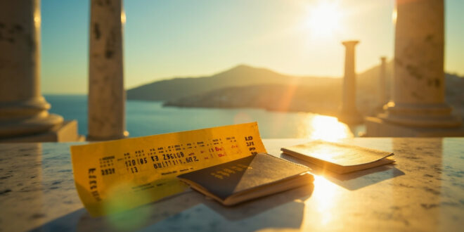 Golden lottery ticket and unopened passport on marble surface against sunlit Greek coastal vista with ancient columns